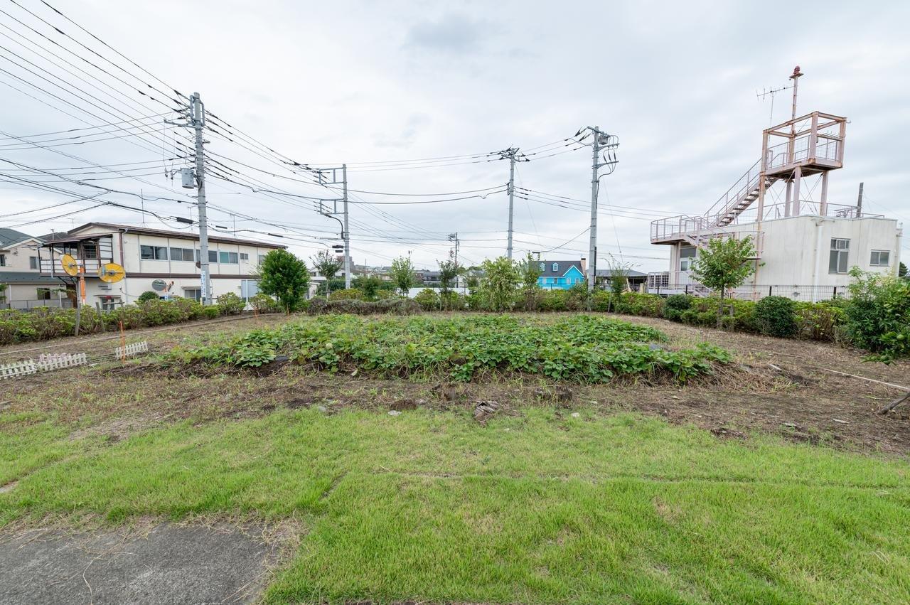 介護施設周辺の野菜畑と庭園。入居者の食材栽培や園芸活動用途と推測される。